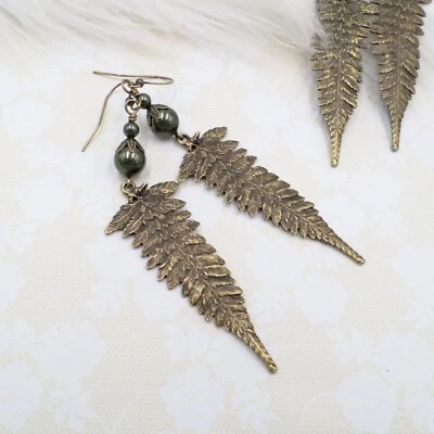 Brass Fern Earrings, Green Pearl Choice, Boho Jewelry Nature Lover, Statement - Image 1 of 4