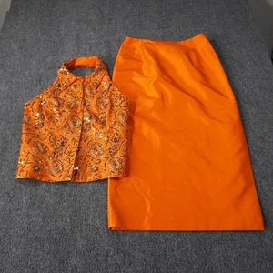 Chetta B Evening 2 Piece Orange Silk Skirt Set Top Sequin Beaded Formal Sz 6 - Picture 1 of 20