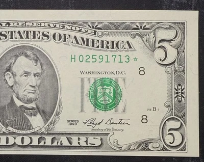 Billete de 5 dólares de la Reserva Federal 1993 Star Note sin circular H/* bloque FR # 1983-H* Foto 1 de 4