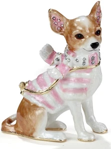 Chihuahua with Pink Scarf Bejeweled Enamel Dog Trinket Box 2.75 inch - Picture 1 of 5
