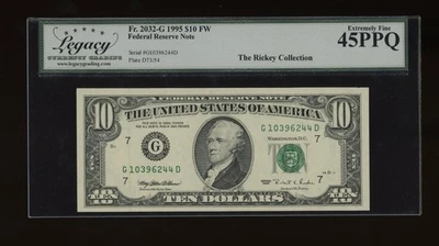 DBR 1995 $10 FRN Chicago Fr. 2032-G Legacy 45 PPQ Serial G10396244D - Image 1 of 2