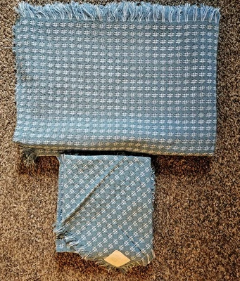 Vintage Blue Woven Fringe Tablecloth Napkin Set Boho Retro Decor NEW - Image 1 of 3