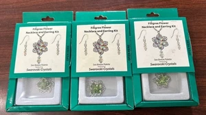 VTG Necklace & Earring Kit Light Green Filigree Flower Swarovski DIY NIB 3 Sets - Picture 1 of 5