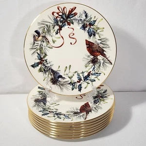 8 Lenox Winter Greetings Salad Plates Fine China Cardinal Ribbon Holly Berry - Picture 1 of 8