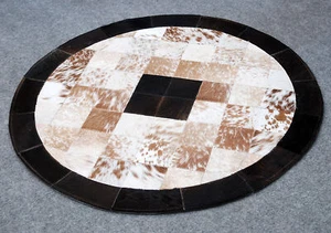 Rindsleder Rund Patchwork Teppich Handarbeit Kuhfell Teppich Wohndeko Kuhfell S-144 - Bild 1 von 6
