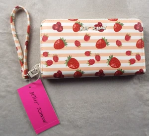 BETSEY JOHNSON Wristlet Wallet Pink Red Strawberry Faux Leather Zip Around NWT - Picture 1 of 12