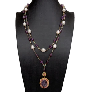 2 Rows White Pearl Purple Amethyst Amazonite Chain Necklace Amethyst Pendant 21" - Picture 1 of 6