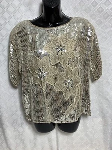 JLB Paris Hong Kong New York 80s 100% Silk Silver Pearl Sequin Blouse SZ M - Picture 1 of 11