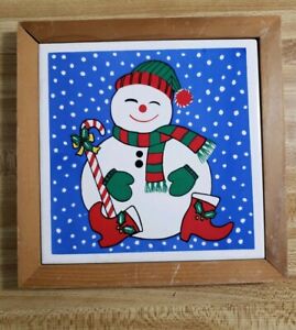 Winter Wood Frame With Painted Glass Snowman Winter Scene