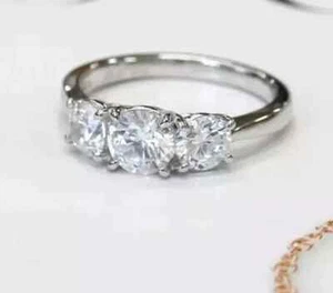 2.00Ct Round VVS1 Moissanite Three Stone Engagement Ring 14K White Gold Plated - Picture 1 of 4