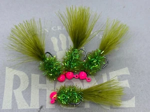 4 Hand tied crappie/ice Marabou tail jigs 1/32oz. in Green w/Pink head. - Picture 1 of 3