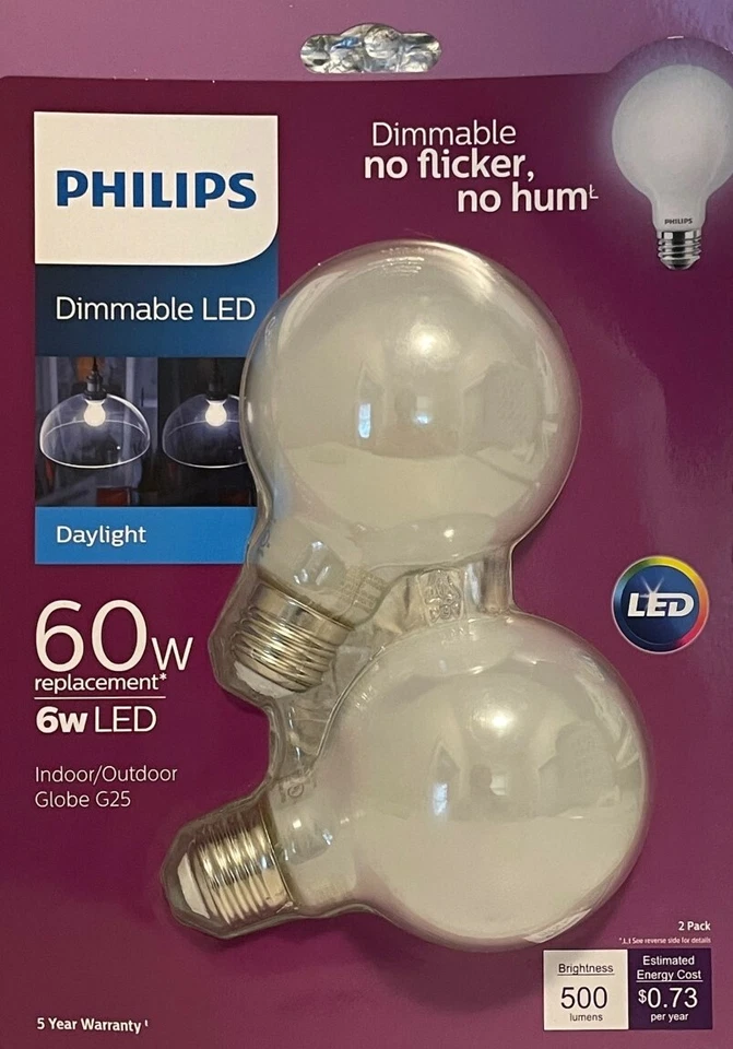 2 Philips 60-Watt Frosted White G25 Daylight Bright LED Globe Bulbs - 500 Lumens - Image 1 of 1