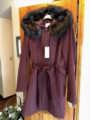 Abrigo Cole Haan Signature para mujer RN# 54163 Merlot mezcla de lana con cinturón con capucha nuevo con etiquetas Foto 1 de 4