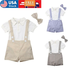 Baby Boy Romper Bowtie Shirt Suspender Shorts Summer Wedding Party Formal  Suits - Picture 1 of 14