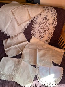 Lot of Cream or Ecru Rectangle Embroidered Linen & Cotton w Crocheted Edges & La - Picture 1 of 12