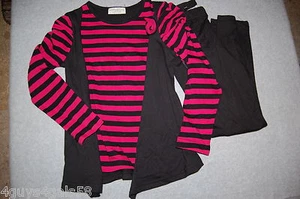 Girls Outfit BLACK LEGGINGS L/S Shirt PINK BLACK STRIPE Layered Look Vest S 6-6X - Picture 1 of 2