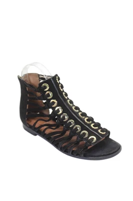 Sandálias femininas Givenchy de camurça com tiras tom dourado com zíper nas costas pretas tamanho 7 - Imagem 1 de 4