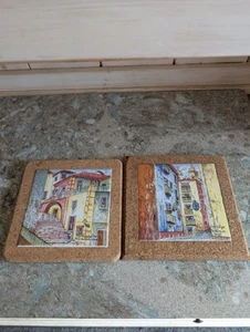 LISBOA ANTIGA Art Tiles Trivet Hanging Wall Lot of 2 Portugal Cork Backing  - Picture 1 of 11