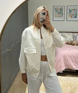 ZARA White Longline Bomber Jacket With Patch Pockets S - Picture 1 of 9