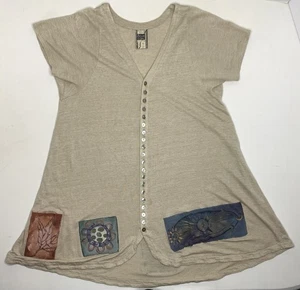 Vestido túnica vintage azul pez talla 2 lino de gran tamaño con botones pintado a mano P140 - Imagen 1 de 16