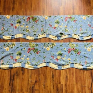 Vintage Waverly Country French Valances (2) Blue Grape Leaf Damask Scallop 76" - Picture 1 of 9
