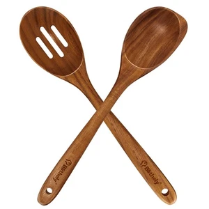 2 Stück Großes Holzlöffel Set zum Kochen, Natur Teakholz Schlitzlöffel, H... - Bild 1 von 8
