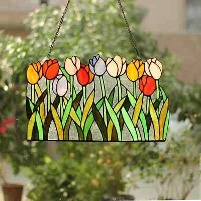 Tiffany Style Stained Glass Window Panel Multi-Color Tulip Floral ONE THIS PRICE - Image 1 of 4