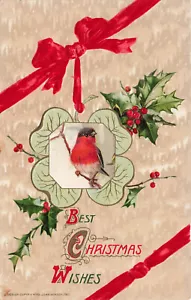 LOVELY VINTAGE WINSCH CHRISTMAS POSTCARD RED BREASTED BIRD HOLLY & BOW 072424 T - Picture 1 of 2
