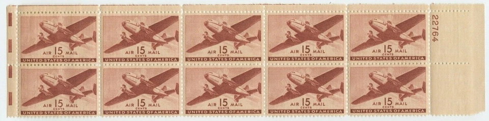 US Sc# C28 VF PLATE # BLOCK of 10 Twin-Motored Transport Plane 15 cents MNH - Image 1 of 1
