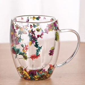 Double Walled Glass Cups Dried Flower Insulated Coffee Mug with Handle forceful - Picture 1 of 14