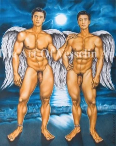 Impresión de Hombres Desnudos Pintura Ángel Gemelos - Hombres Desnudos Figuras Dibujo Arte Ilustrado - Imagen 1 de 1
