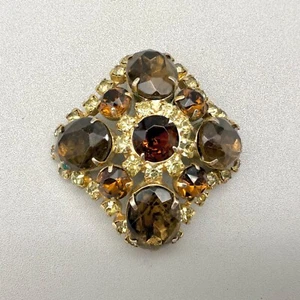 Vintage Brooch Bronze Crystals Gold Tone Elegant Glitzy Statement Pin 2 Inch - Picture 1 of 9