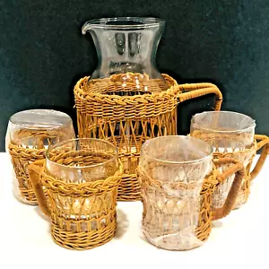 VTG Rattan Wicker Juice Pitcher Glass Set Woven Handle 5 Pcs Boho MCM Coastal - Picture 1 of 7