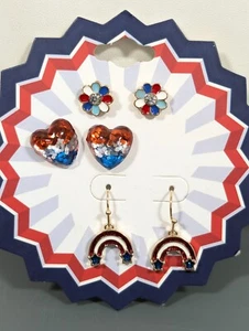 Set of 3 Red White Blue American Flag Earrigns Heart Flower Rainbow NEW - Picture 1 of 8