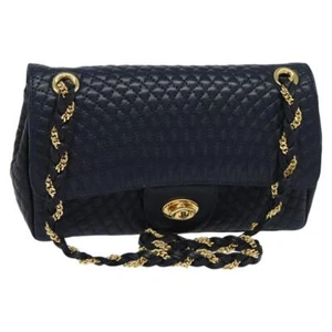 BALLY Chain Shoulder Bag Leather Navy Gold Auth BD1354 - Picture 1 of 22
