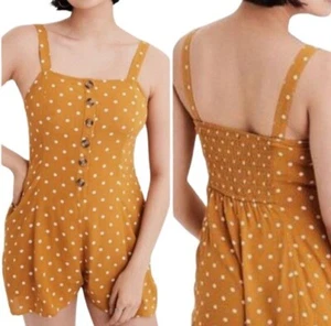 American Eagle Womens Romper Mustard Polka Dot Button Smocked Pockets L New - Picture 1 of 1