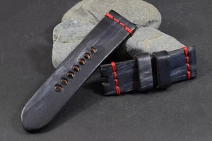 UHRENARMBAND 24/22 115/75 MM OIL SCHWARZ - ROT ECHT SATTEL LEDER MA STRAP 590 - Picture 1 of 7