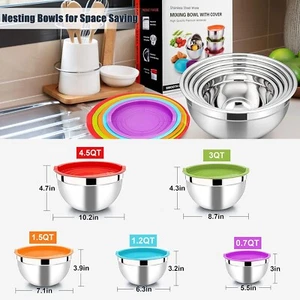 HaWare Mixing Bowls Set of 6, 100% Stainless Steel Nesting Bowls Set with Lids U - Picture 1 of 7