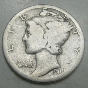 Moneda de diez centavos Mercury 1918 S circulada 90 % plata buena, media circulada - Imagen 1 de 2
