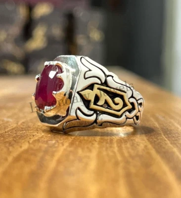 Anillo de piedras preciosas de rubí natural para hombre con anillo de corte ovalado enchapado en plata 925 Foto 1 de 4