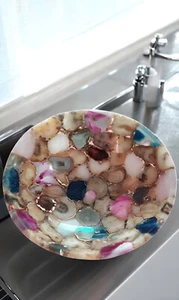 24" Round Multi Agate Bathroom Kitchen Sink Top Housewarming Sink Hotel Decors - Bild 1 von 6