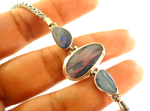 Blue Australian Opal Three Stone 925 Sterling Silver Bracelet
