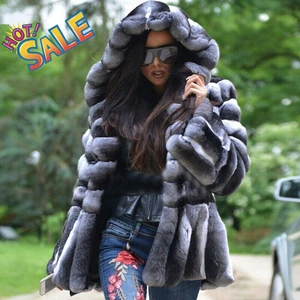 Women Chinchilla Whole Skin Genuine Rex Rabbit Fur Coat Hooded Jackets Overcoats - Picture 1 of 12