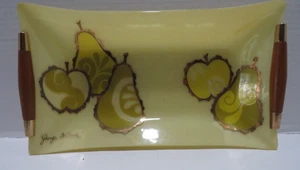 VTG MCM 1950'S/60'S GEORGES BRIARD GLASS/WOOD TRAY/DISH PEARS & APPLES YELLOW - Picture 1 of 9
