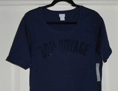 Chico's BON VOYAGE KNIT TOP Size 1 Medium 8 10 Navy Blue Scoop SS Tee NWT $60 - Image 1 of 4