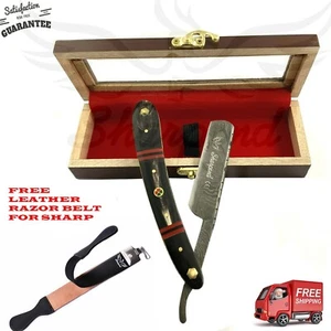 Navaja de afeitar recta corte garganta peluquero salón de acero de Damasco cuerno vintage - Imagen 1 de 12