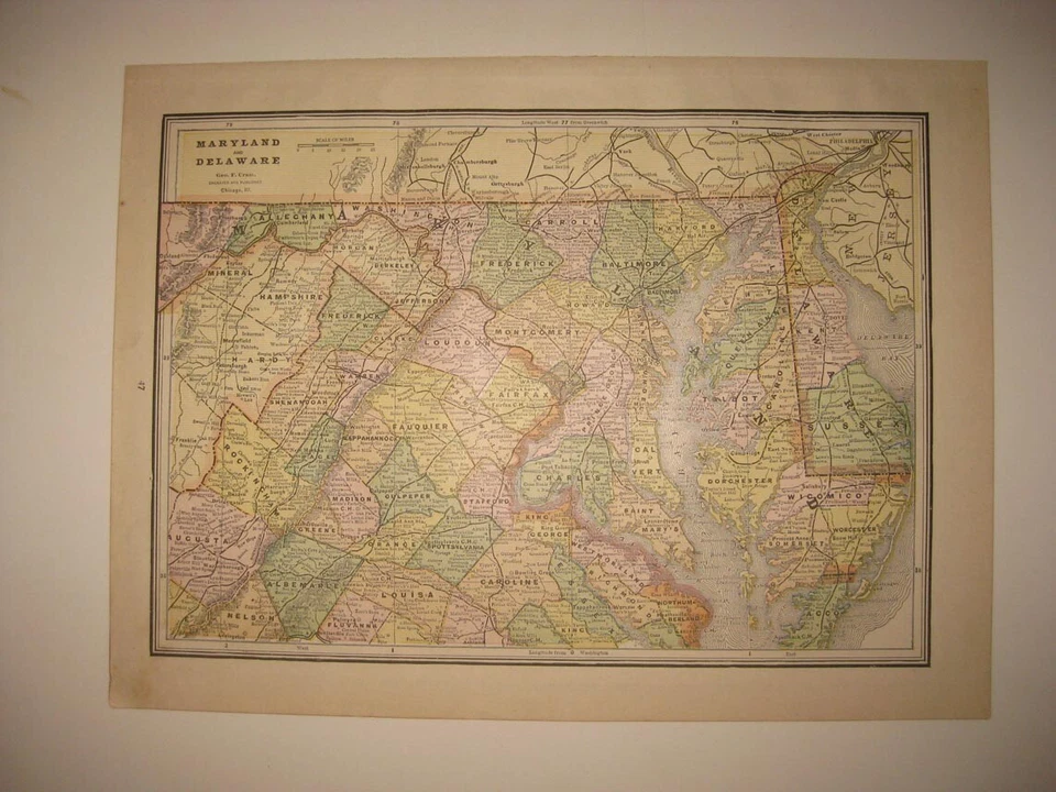 ANTIQUE 1889 MARYLAND DELAWARE BALTIMORE DOVER MAP RAILROAD DETAILED FINE RARE - Image 1 of 1