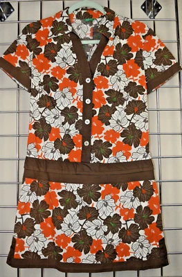 Vestido Vintage United Colors of Benetton Tamanho P/M Anos 90 Marrom Laranja Flores Brancas - Imagem 1 de 4