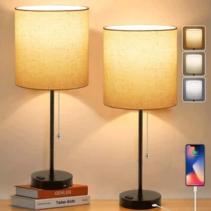 Bedside Lamps (2) , 2700K-5000K USB Table Lamps with Pull Chain for Nightstand - Picture 1 of 6