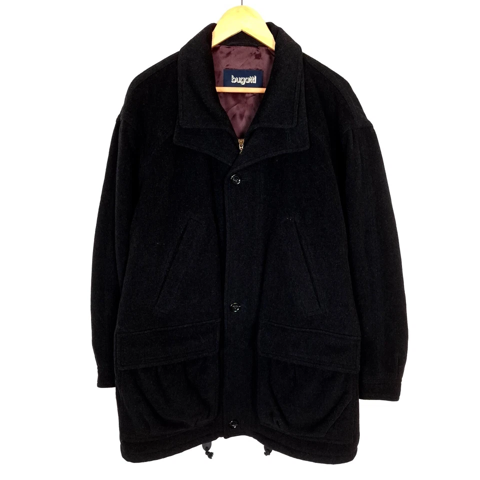 BUGATTI Men Coat Size EU55 UK46 3XL Wool Black Button-Front Long Collared - Image 1 of 4